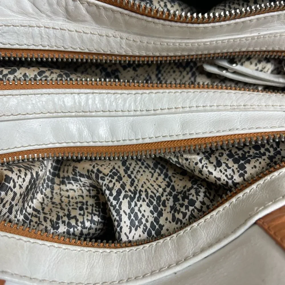 Steven by Steve Madden leather off white and tan satchel silver tone hardwares